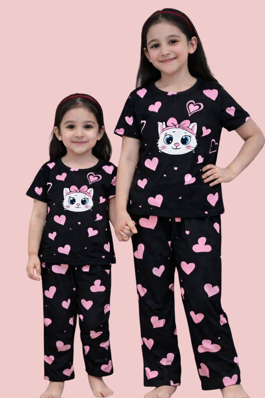 Girls Baby Long Pant Dress Set-Black Pink Print