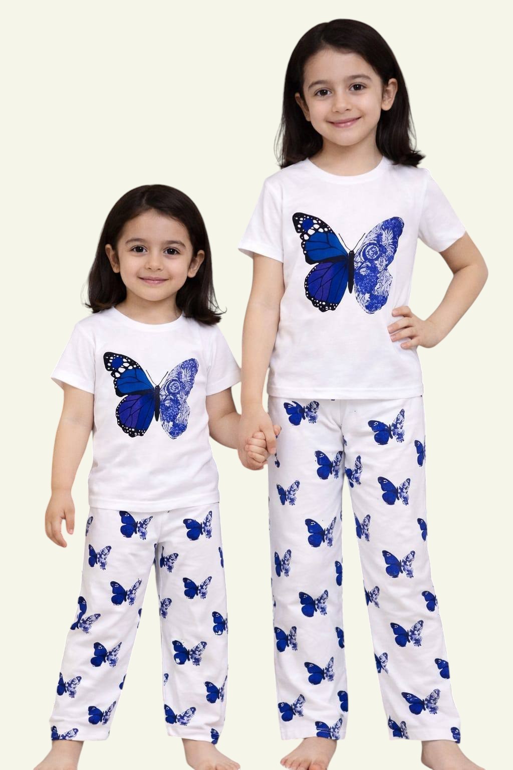 Girls Baby Long Pant Dress Set-White Projapoti Blue Prin