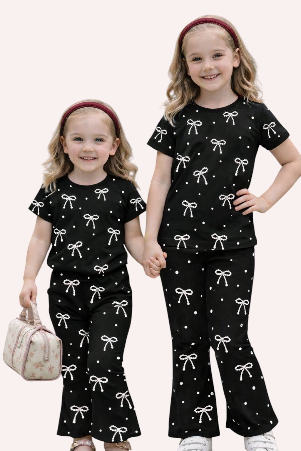 Girls Baby Long Pant Dress Set-Black All Over Prin