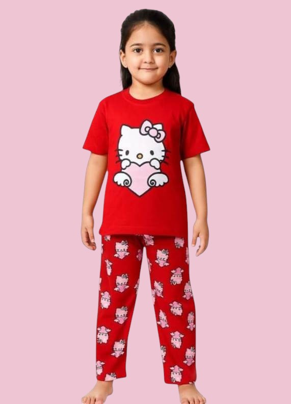 Girls Baby Long Pant Dress Set-Red Cat Prin
